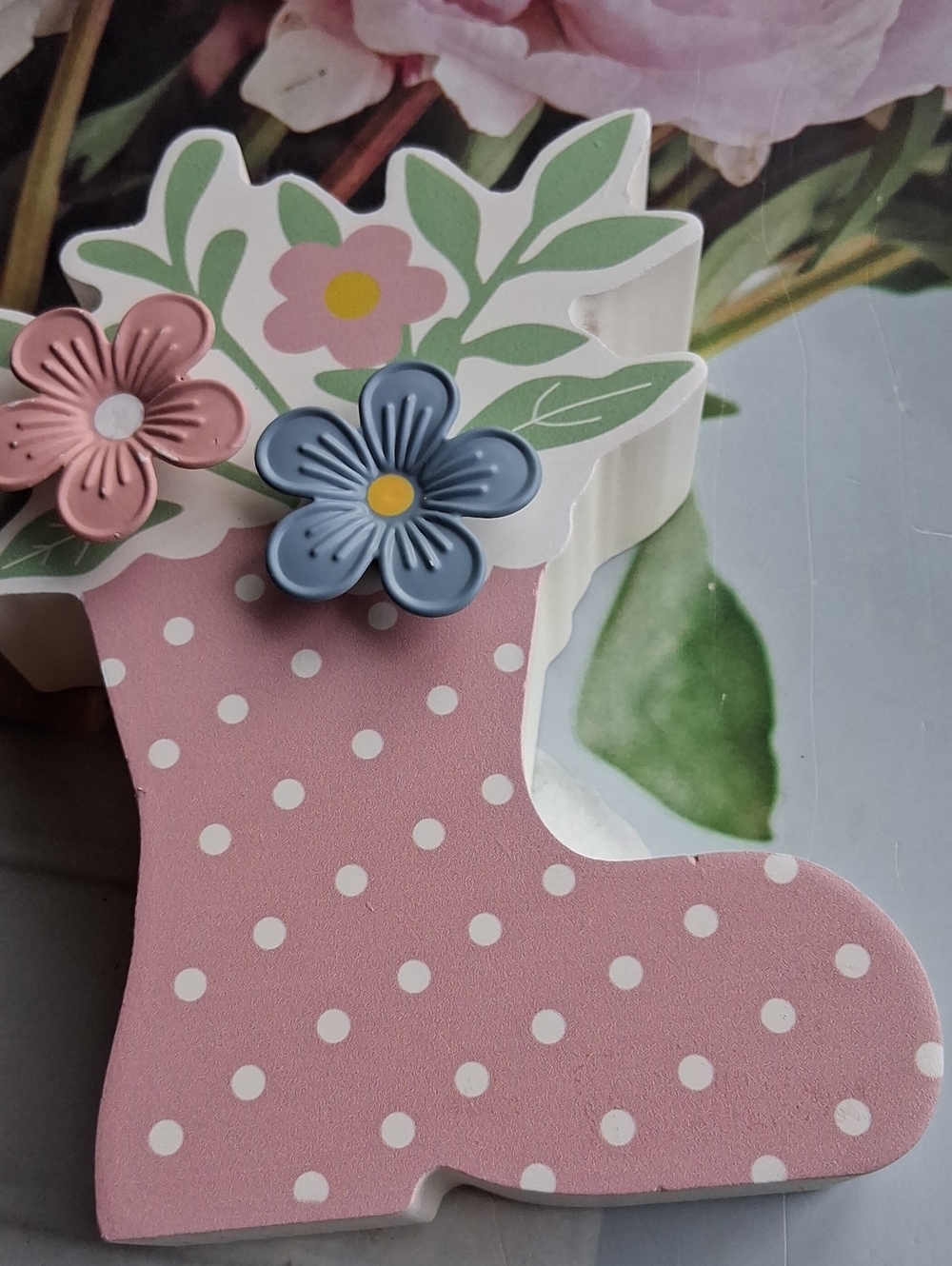 Wood Flower In Pink Boot Decor